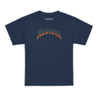 Navy blue kids cotton t-shirt with red torn flaming skull graphic