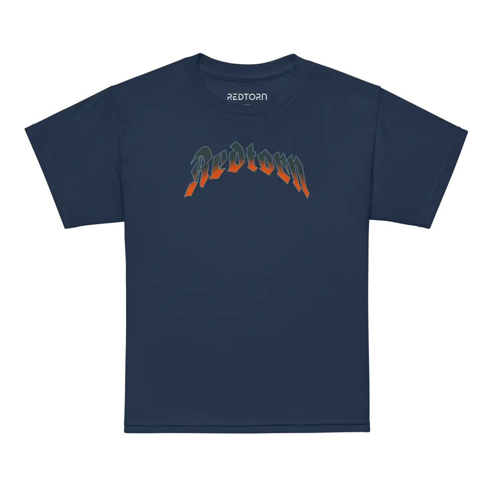 Navy blue Hells Youth T-Shirt with red torn text and flame design by Ripdorn Clothing