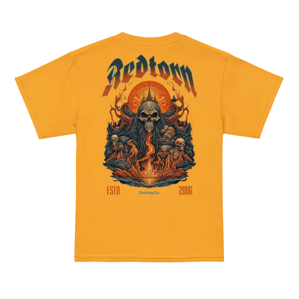 Flaming skull graphic tee for kids: yellow cotton t-shirt with dark design