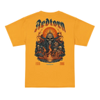 Flaming skull graphic tee for kids: yellow cotton t-shirt with dark design