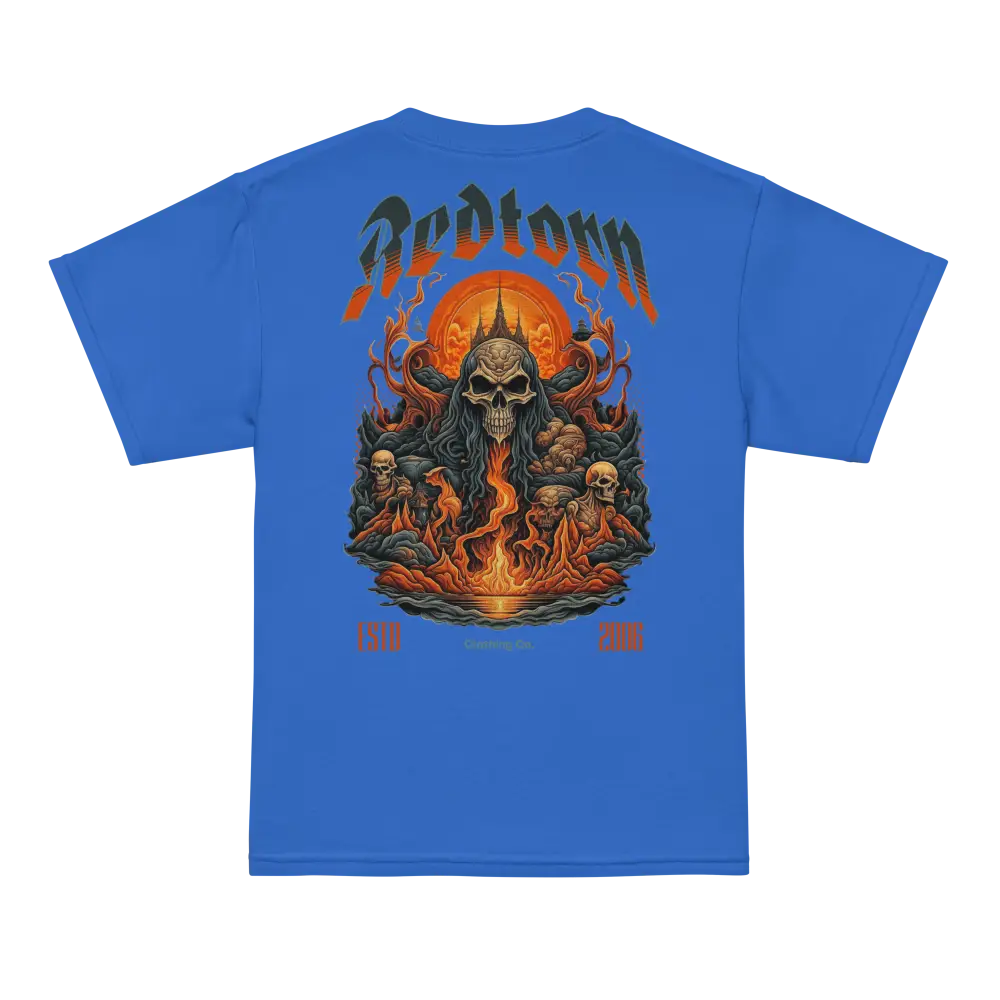 Royal blue kids cotton t-shirt with fiery skull graphic tee design