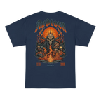 Navy blue kids cotton t-shirt with fiery skull graphic tee design