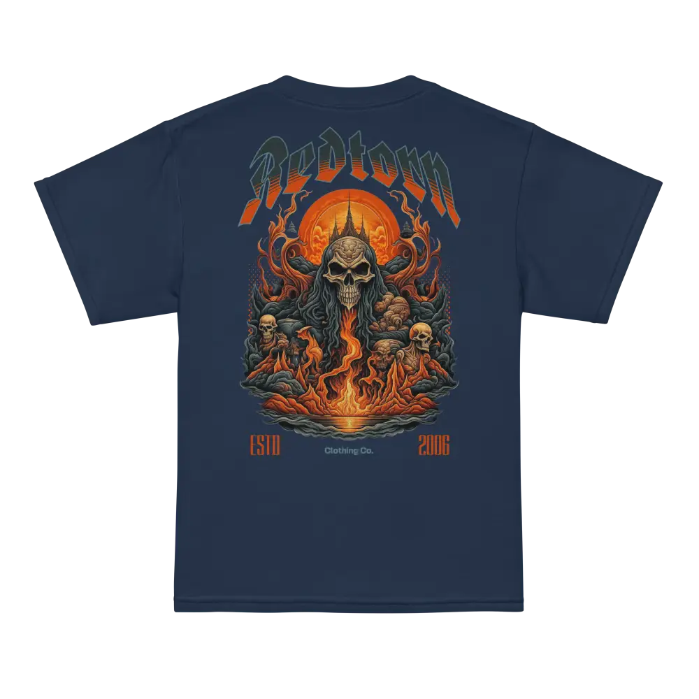 Navy blue Hells Youth T-Shirt by Ripdorn Clothing with fiery skull design