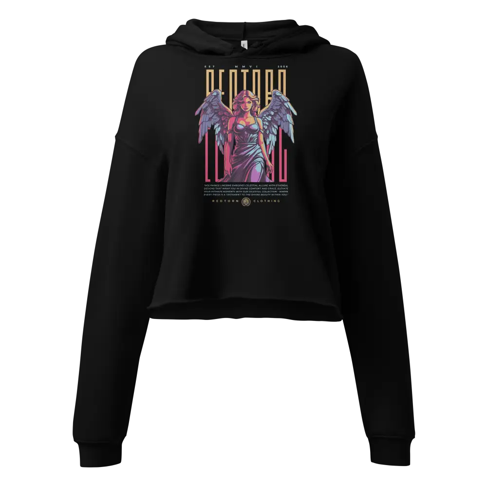 Black cropped hoodie with Holywings angel design and dicta text in gold