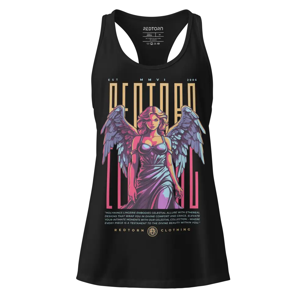 Holywings angel sleek racerback tank with black top, angel design, gold text