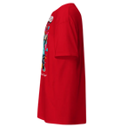 Red Hustle Mentality Bear graphic tee with colorful logo on back