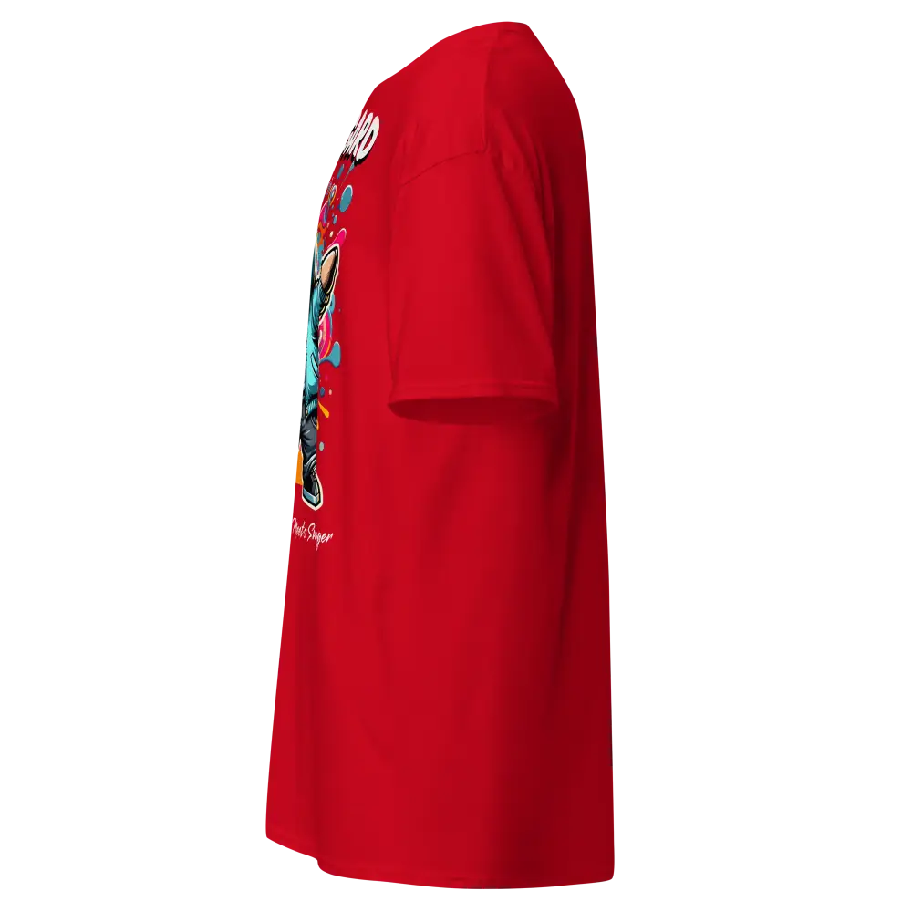 Red Hustle Mentality Bear graphic tee with colorful logo on back