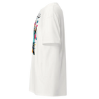 White cotton unisex classic Hustle Mentality Bear Tee with floral back