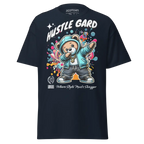 Navy blue Hustle Mentality Bear graphic tee with cartoon bear, hustle gard text, colorful splatter