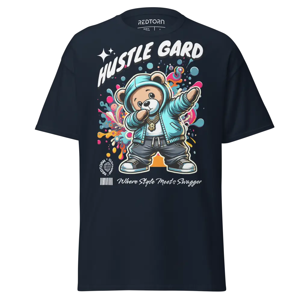 Navy blue Hustle Mentality Bear graphic tee with cartoon bear, hustle gard text, colorful splatter