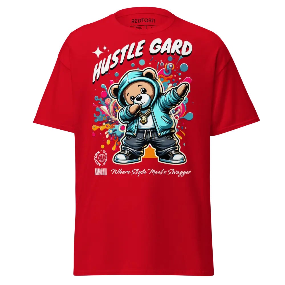 Hustle Mentality Bear Graphic Tee: Cotton Unisex Classic Red T-Shirt with Cartoon Bear Design