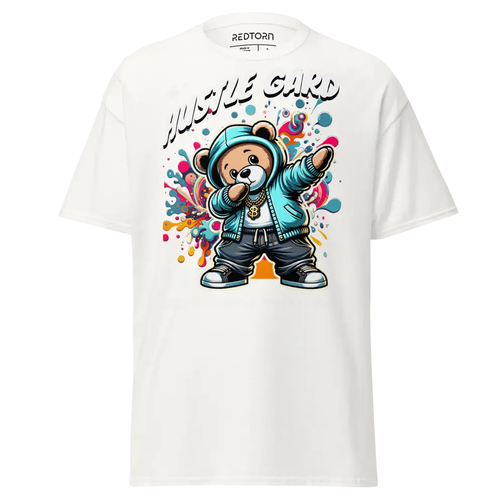 Cotton unisex classic Hustle Mentality Bear Graphic Tee with cartoon bear and hustle hard text