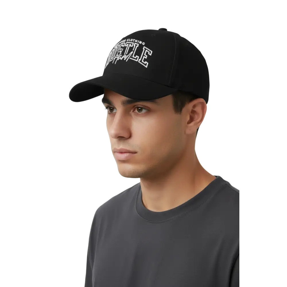 Black flexi fit baseball cap with white Hustle Hard embroidery