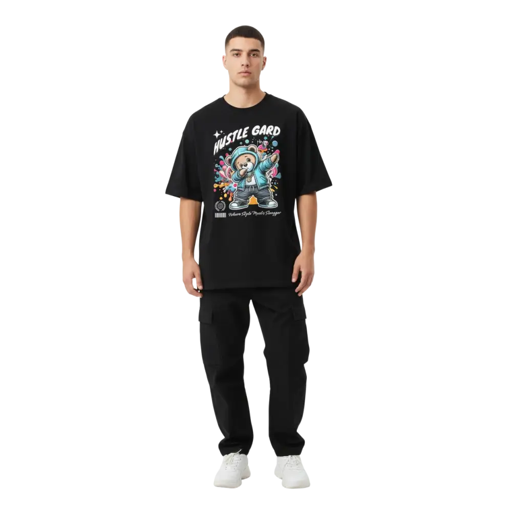 Hustle Mentality Bear Graphic Tee: black oversized cotton unisex classic with colorful cartoon bear and urban text