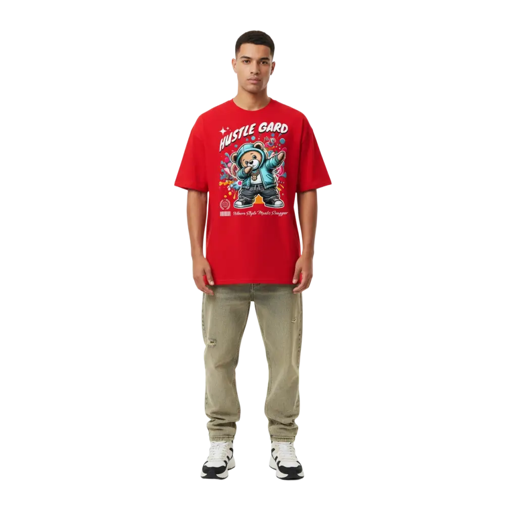 Red hustle mentality bear graphic tee in cotton unisex classic style