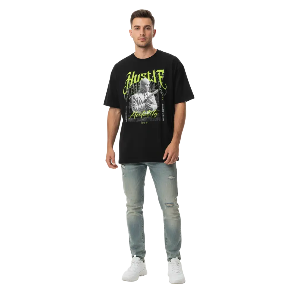Black Hustle Mentality unisex adult tee with neon green graphic