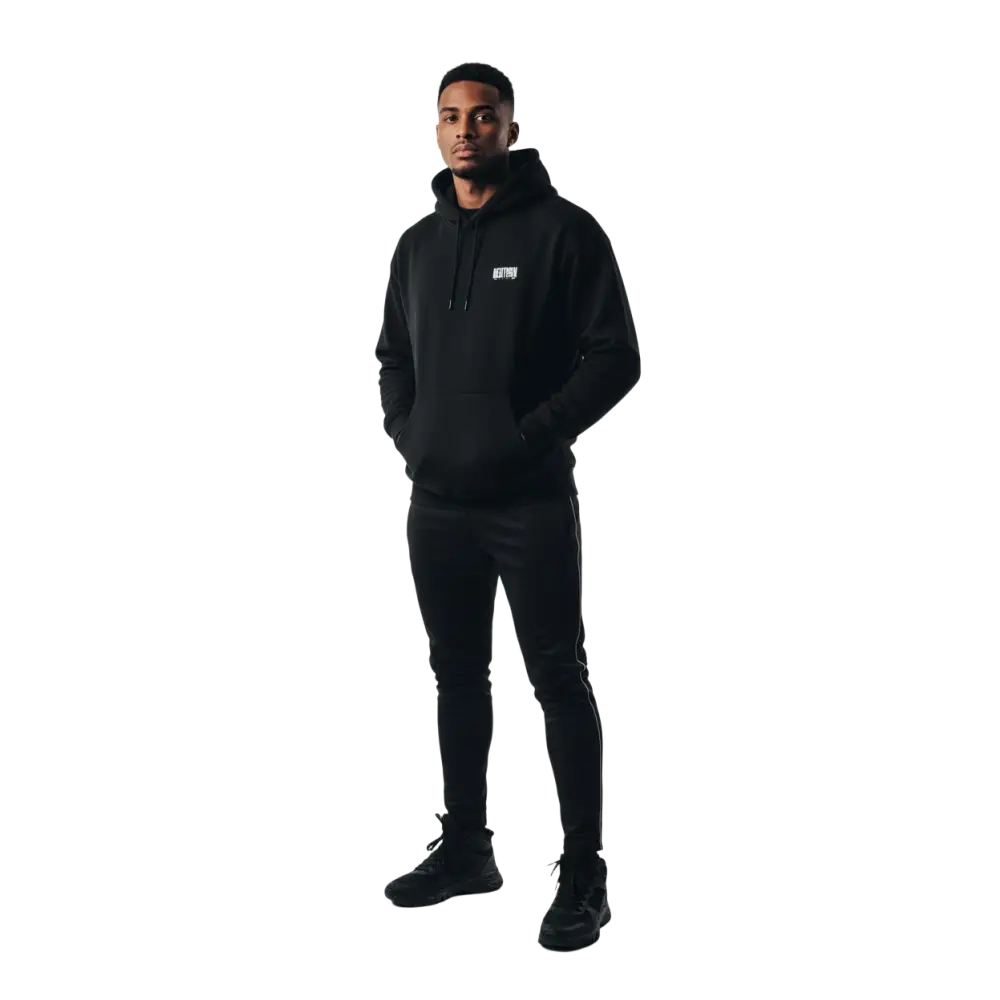 Hustle mentality unisex adult hoodie with black fabric and white chest logo