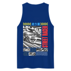 Royal blue Japanese racer mens tank top with car graphic and checkered flag