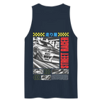 Japanese racer tank top for men with street car graphic and checkered flag on navy blue