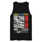 Japanese racer tank top for men with black street racer graphic, car, checkered flag, and Japanese text