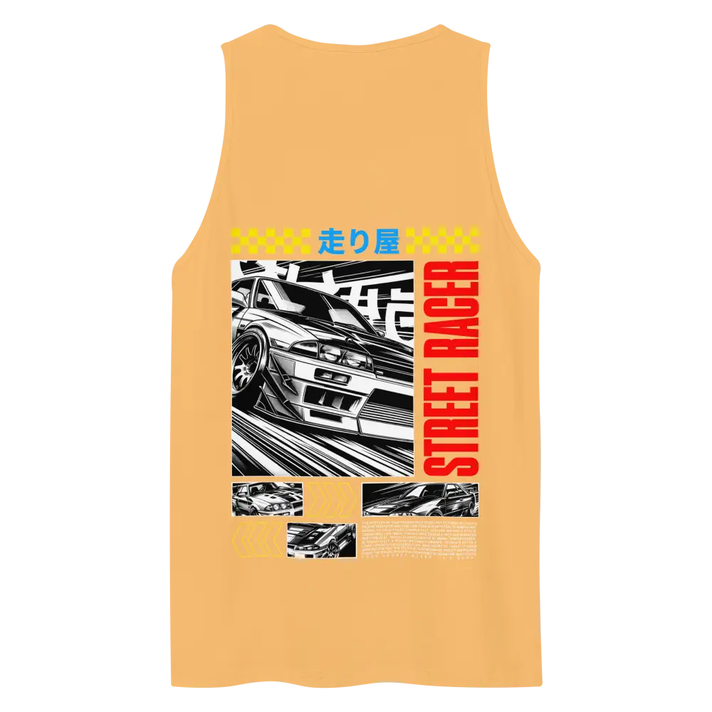 Japanese racer mens tank top with yellow car graphic and Japanese text