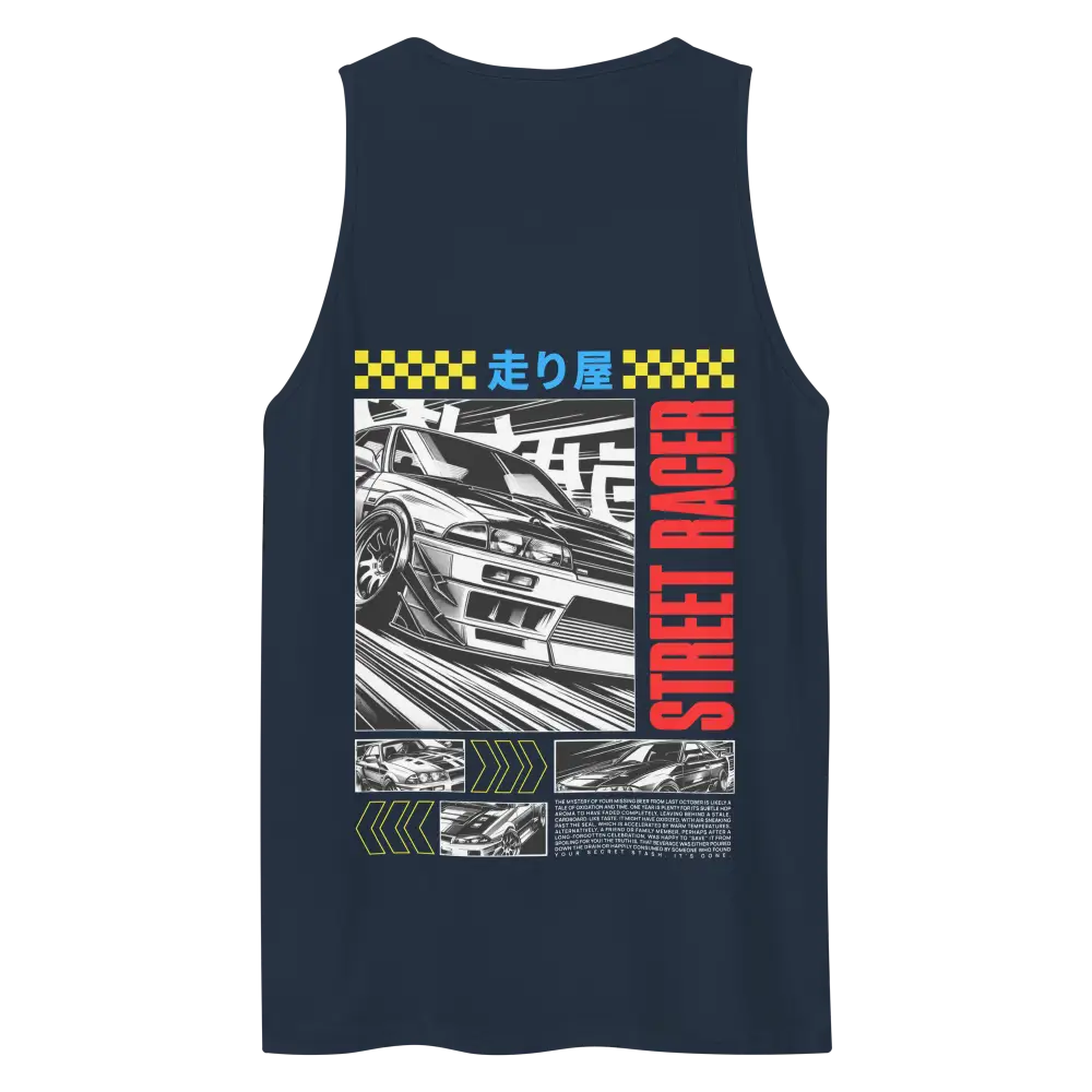 Japanese racer tank top with street car graphic and checkered flag on navy background