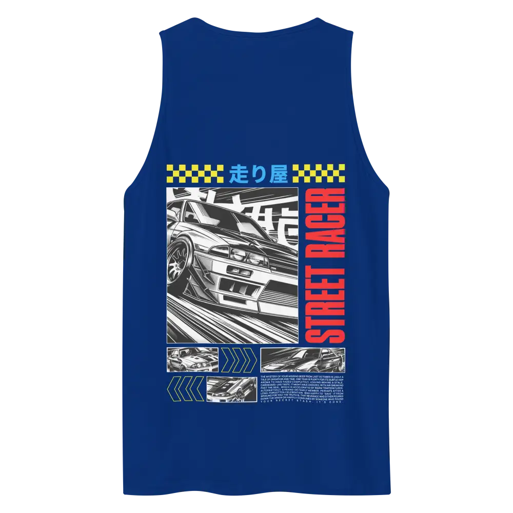 Royal blue Japanese racer tank for men with car graphic and checkered flag