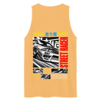 Japanese racer mens tank top with yellow car graphic and text