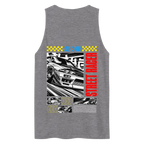 Japanese racer tank top for men featuring white street car on gray background