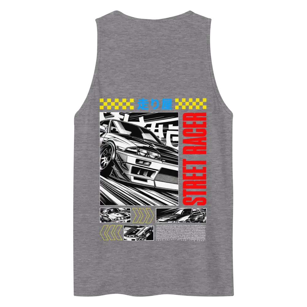 Japanese racer tank top for men featuring white street car on gray background