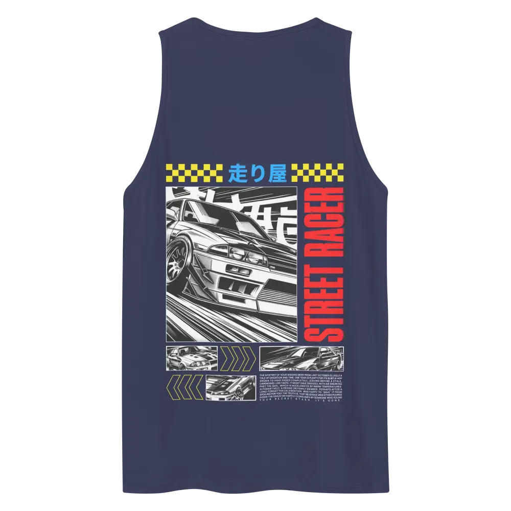 Japanese racer tank top for men with car and checkered flag graphic