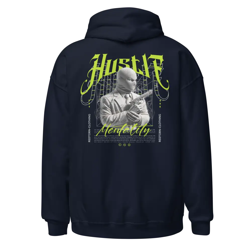 Navy blue unisex adult hoodie with neon green hustle mentality gangster graphic