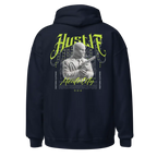 Navy blue unisex adult hoodie with neon green hustle mentality gangster graphic
