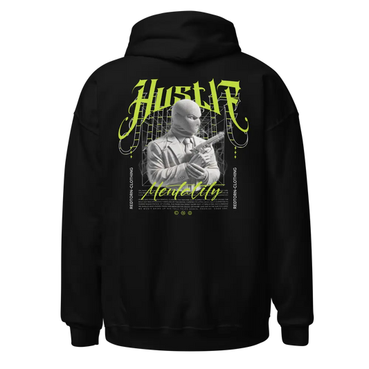 Redtorn Hustle unisex hoodie: black with green hustle mentality graphic, balaclava design, double-needle stitched collar