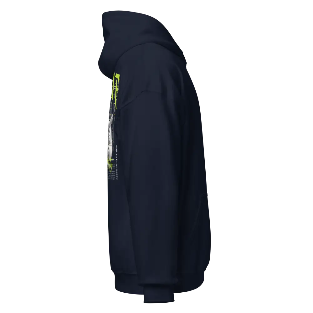 Navy blue unisex adult hoodie with Redeem Hustle Mentality gangster graphic