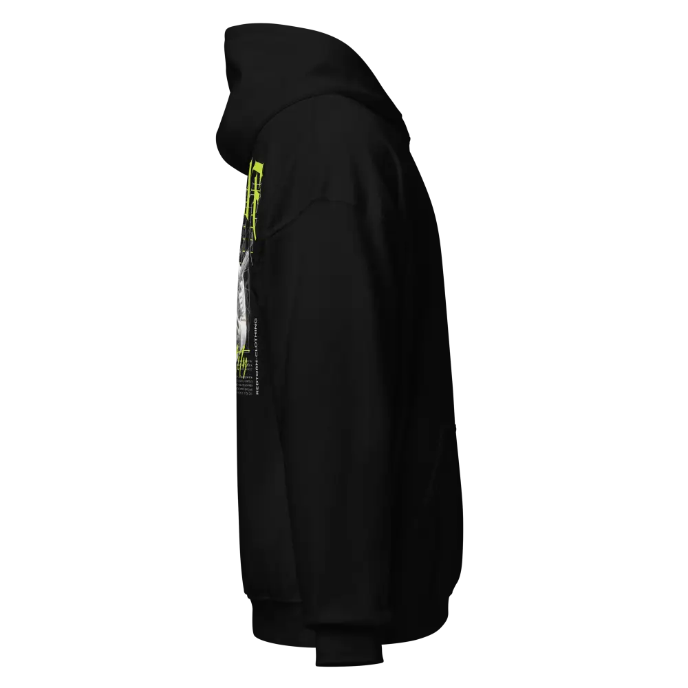 Black unisex adult hoodie with hustle mentality gangster graphic sleeve