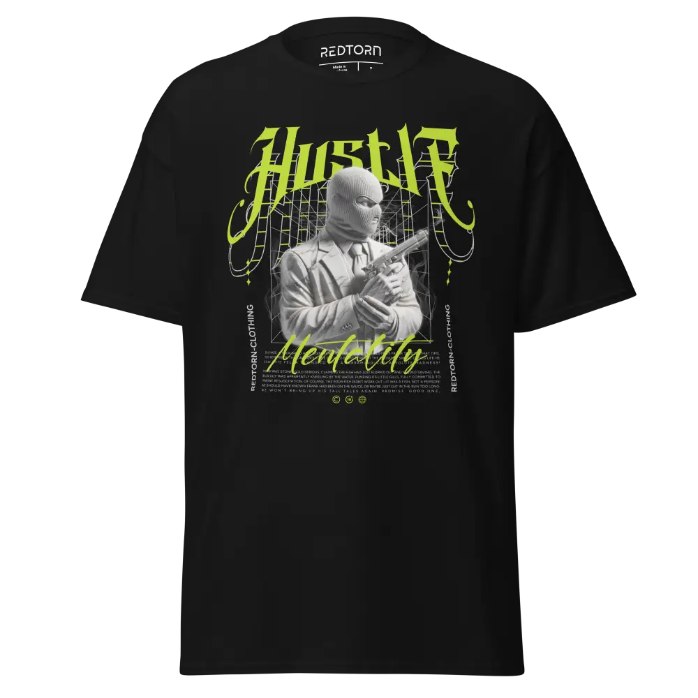 Hustle Mentality unisex adult tee with gangster graphic of man playing guitar and Redtoar logo
