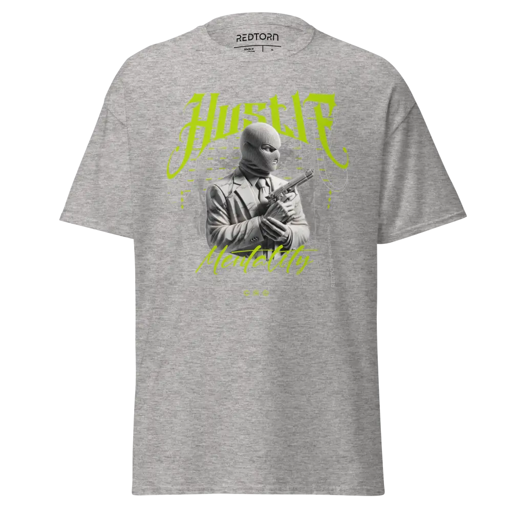 Heather gray hustle mentality unisex adult tee with gangster graphic