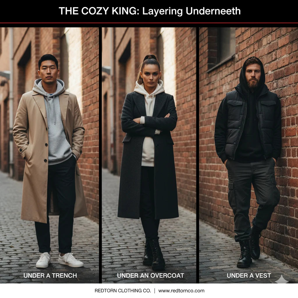 Redtorn Clothing models luxury streetwear hoodies under outerwear