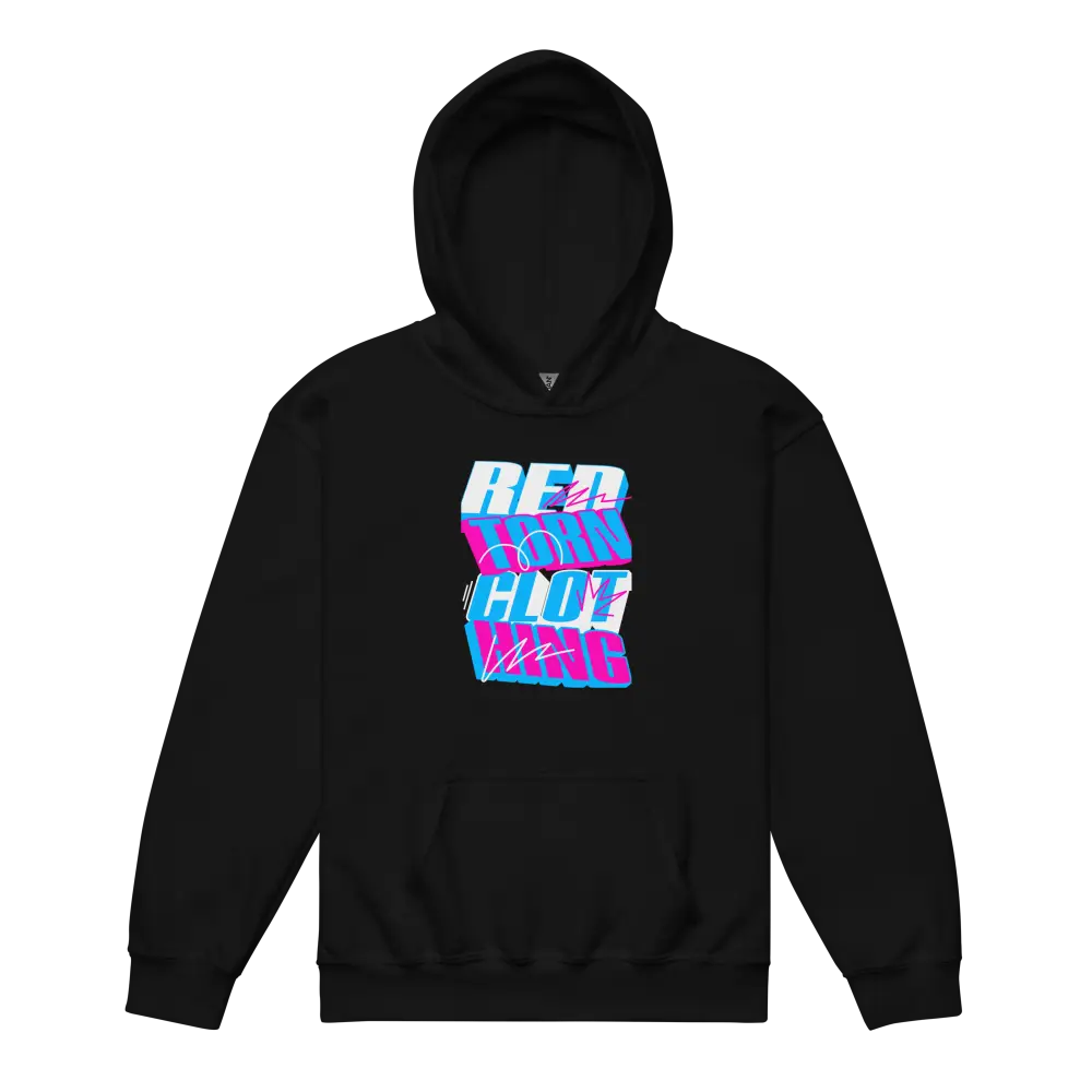 Red Hot Wars glitch retro kids unisex hoodie in black with neon graphic