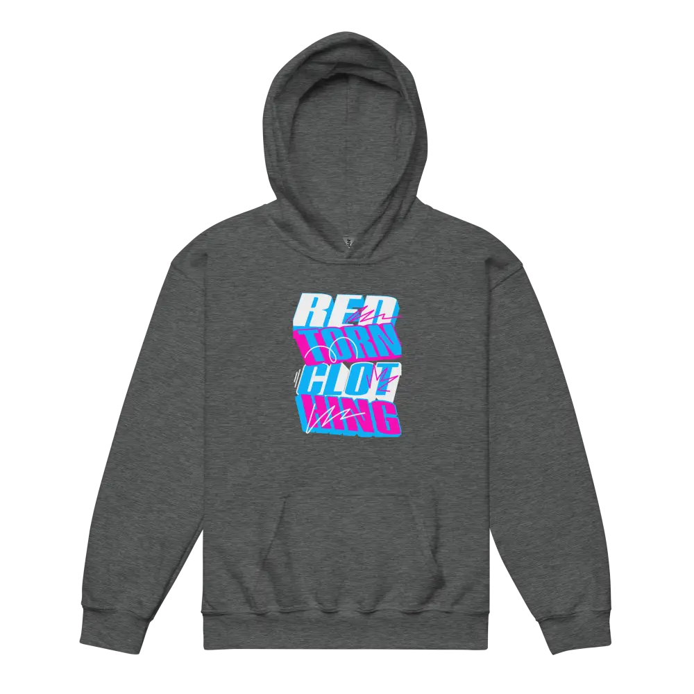 Charcoal gray kids unisex hoodie with Red Hot Wars glitch retro style graphic