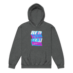 Charcoal gray kids unisex hoodie with Red Hot Wars glitch retro style graphic