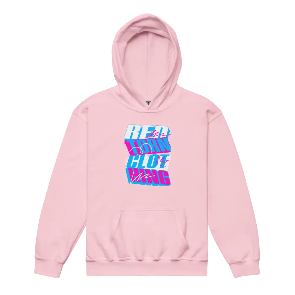 Neon pink kids unisex hoodie with Red Hot Wars glitch retro style graphic