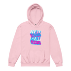 Neon pink kids unisex hoodie with Red Hot Wars glitch retro style graphic