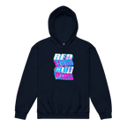 Navy Blue Kids Unisex Hoodie with Glitch Retro Red Bull Design