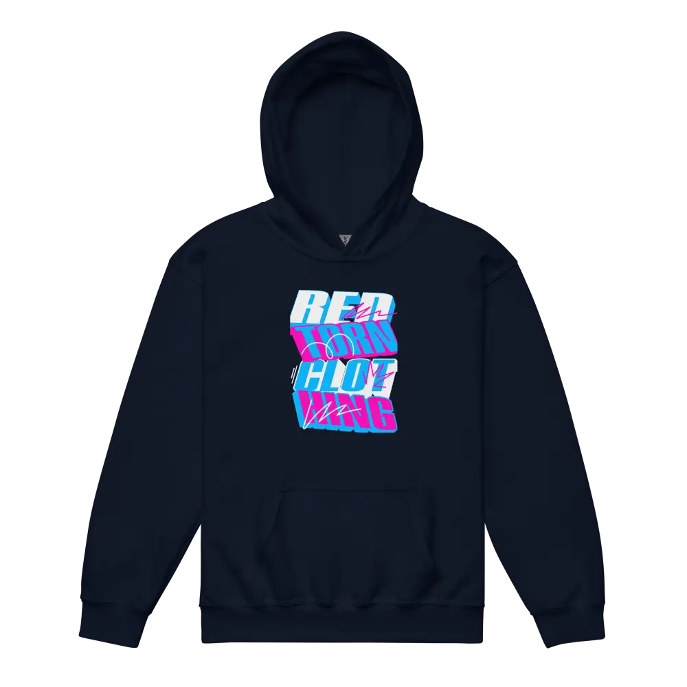 Navy Blue Kids Unisex Hoodie with Glitch Retro Red Bull Design