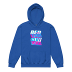 Royal blue kids unisex hoodie with Red Bull logo in glitch retro style