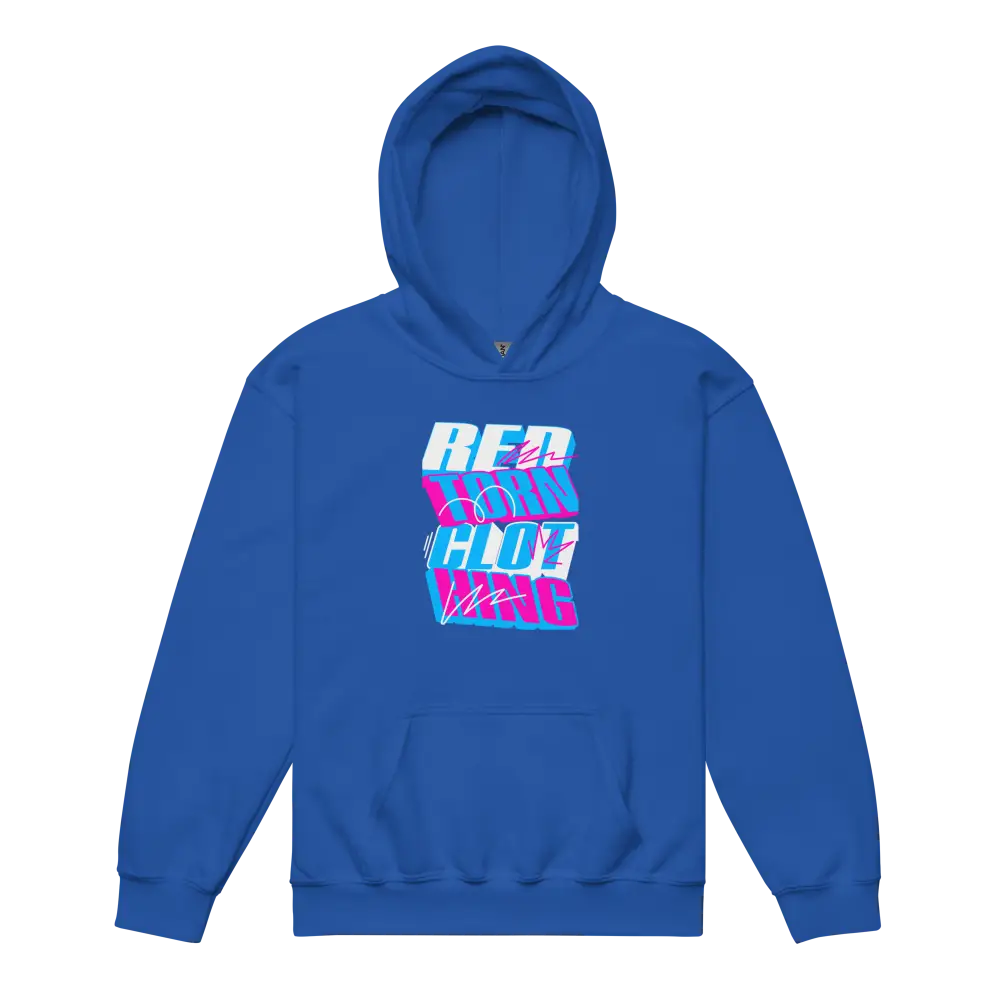 Royal blue kids unisex hoodie with Red Bull logo in glitch retro style