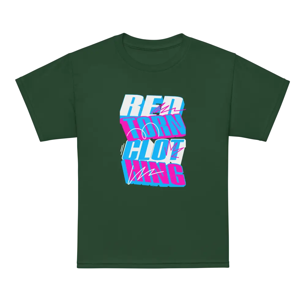 Glitch Logo Kids Cotton T-Shirt with green fabric and bold red clothing graphic