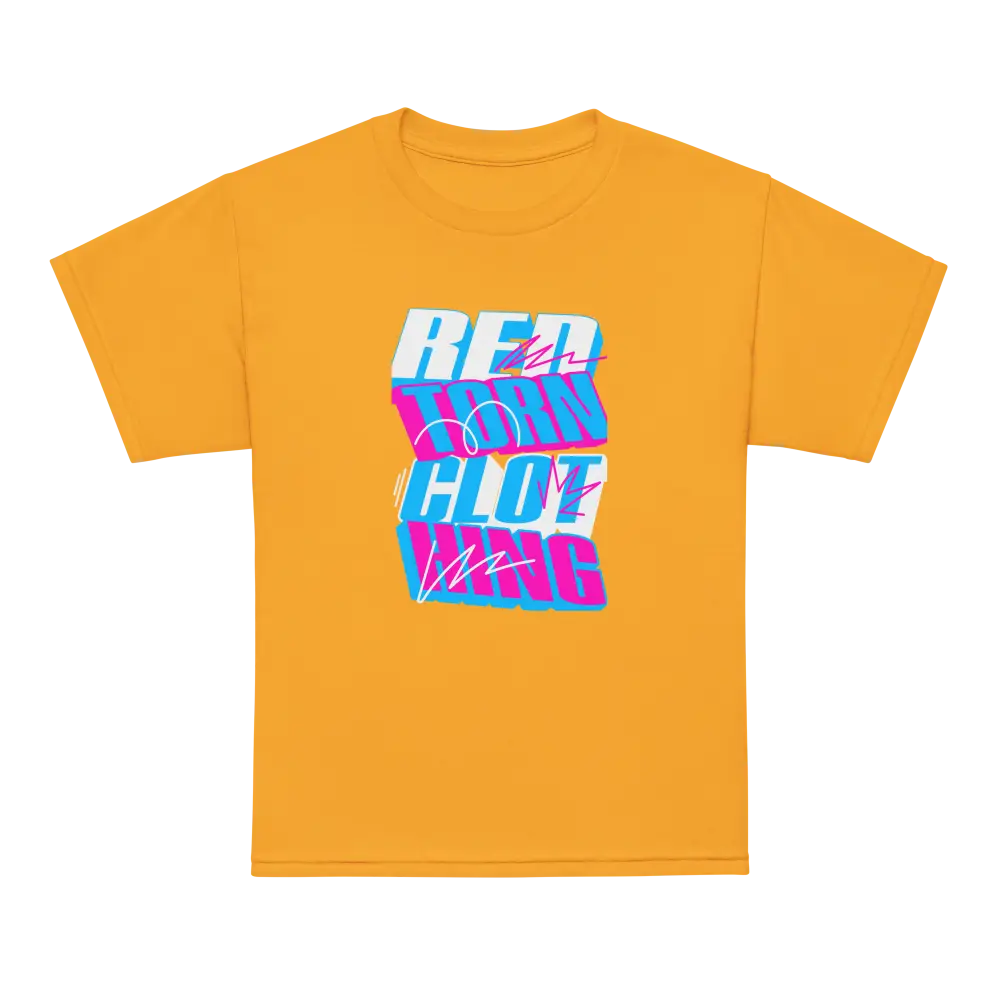 Glitch Logo Kids Cotton T-Shirt with red cloth graphic in pink and blue